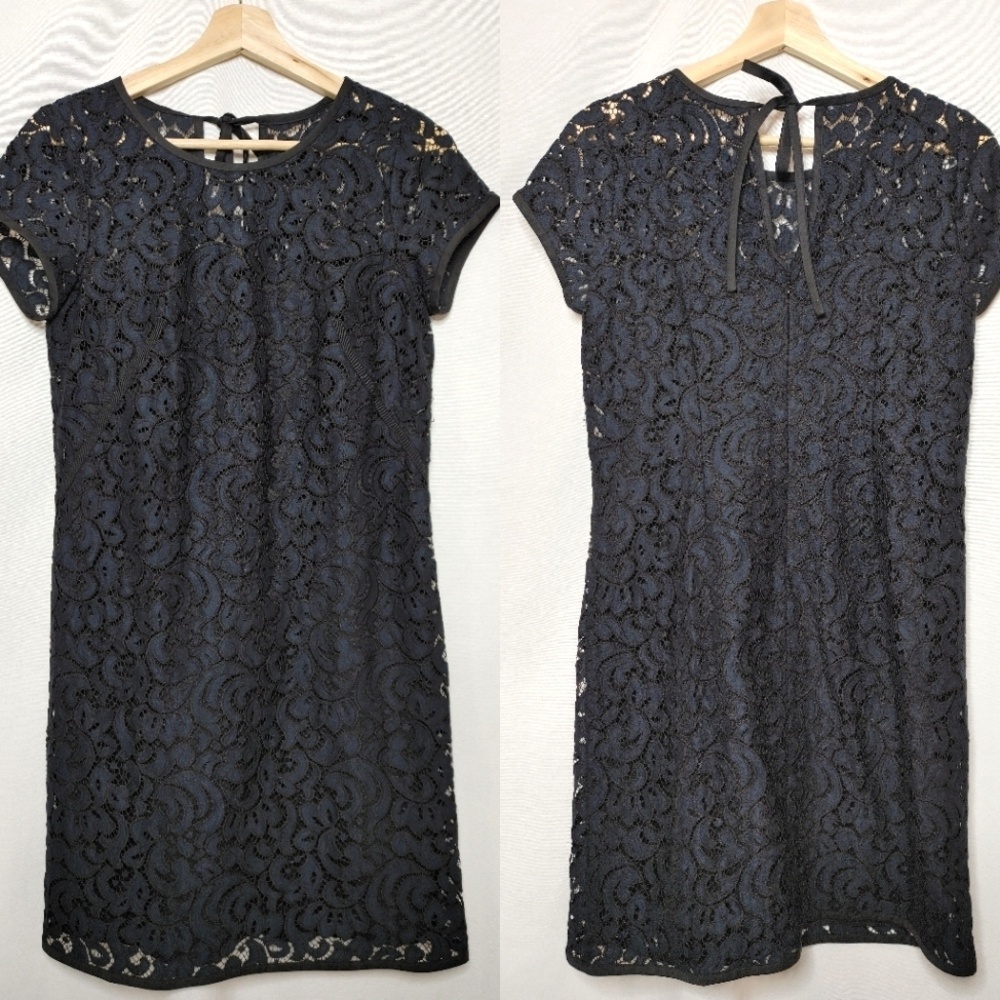 Loft Lace Overlay‎ Short Sleeve Shift Dress Navy Blue Black Cotton Blend Size 0
